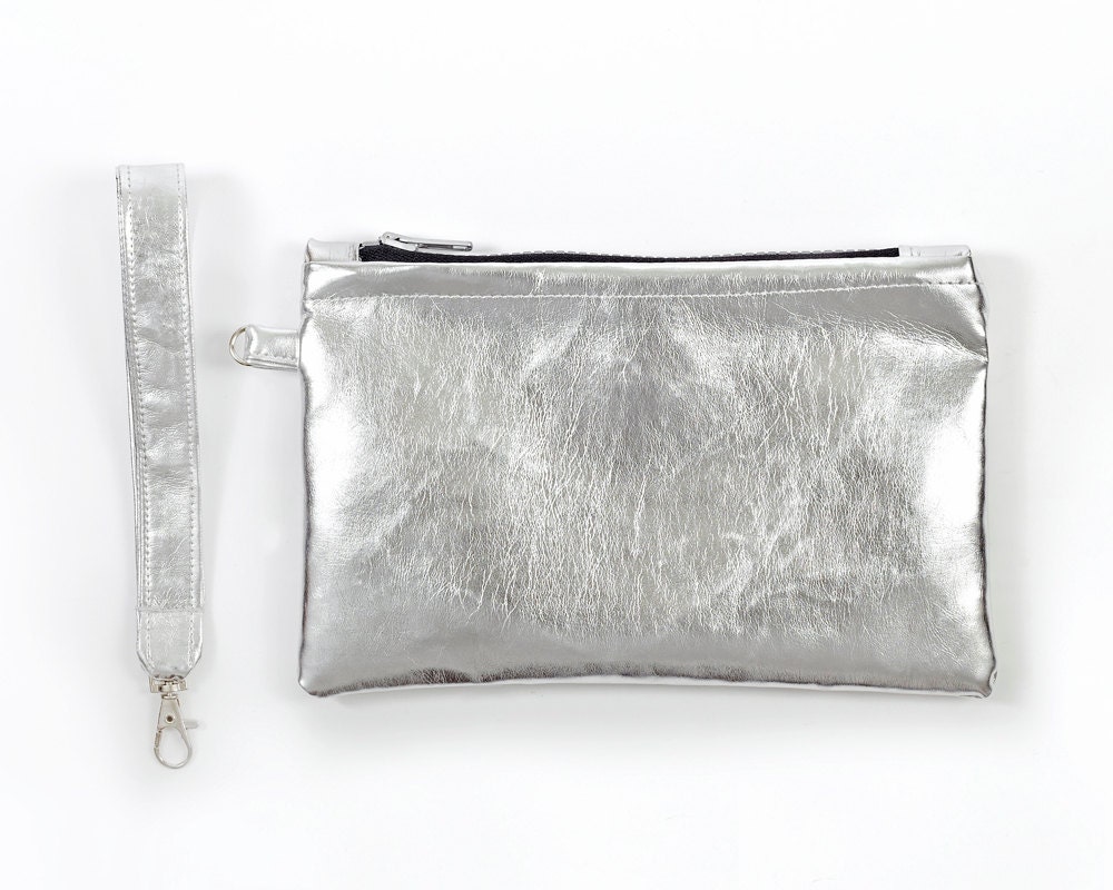 Silver Metallic Wristlet Zipper Bag Faux by WildMarshmallow