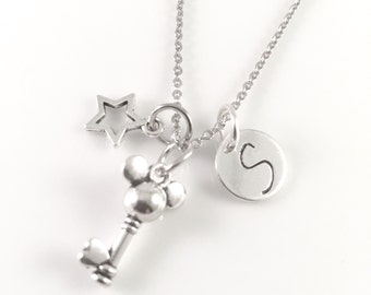 Mickey Mouse Key charm necklace, Mickey Mouse Key Charm Dangle Necklace, Personalized necklace, initial necklace, star necklace, Disney gift