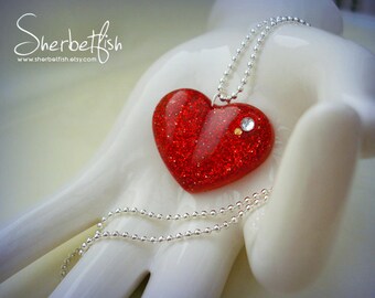 Red heart necklace, Valentines necklace, womens jewellery, resin necklace, sparkly heart necklace, ladies gift, handmade jewellery