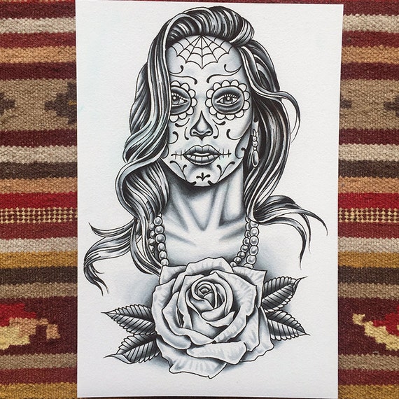 Items similar to Day of the Dead girl Chicano tattoo art Black and Gray ...