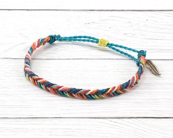 Fishtail Braid Friendship Bracelet, Rainbow Surfer Bracelet, Waterproof Wax Cord Bracelet, Stacking Boho Beach Bracelet, Adjustable Bracelet