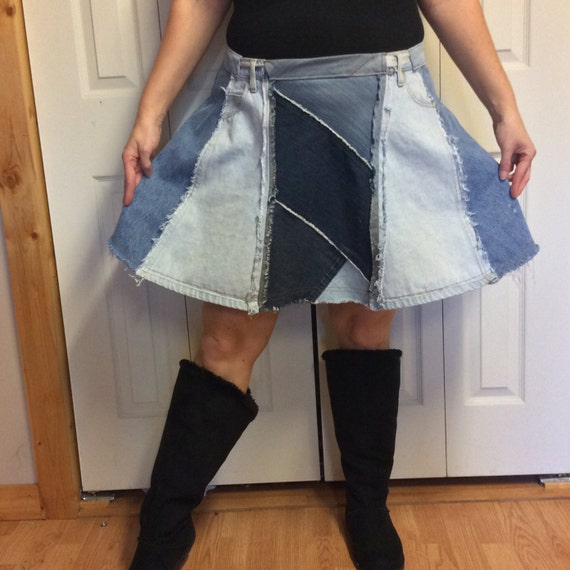 Shades of Blue Upcycled Denim Skirt/Recycled Jeans/Repurposed