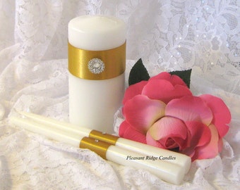 Gold Unity Candle Set Romantic Wedding Candle Bling Unity Candle Rhinestone Unity Candle Cheap Unity Candle Ribbon Color Choice