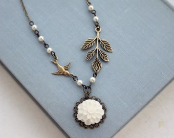 White Chrysanthemum, Dahlia Flower, Flying Bird, Leaf Branch Cream Pearls Necklace Bridesmaids Gifts, Rustic Bridal Necklace, White Flower