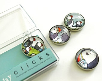 Puffins art magnet set, 4 cute puffin illustration refrigerator magnets