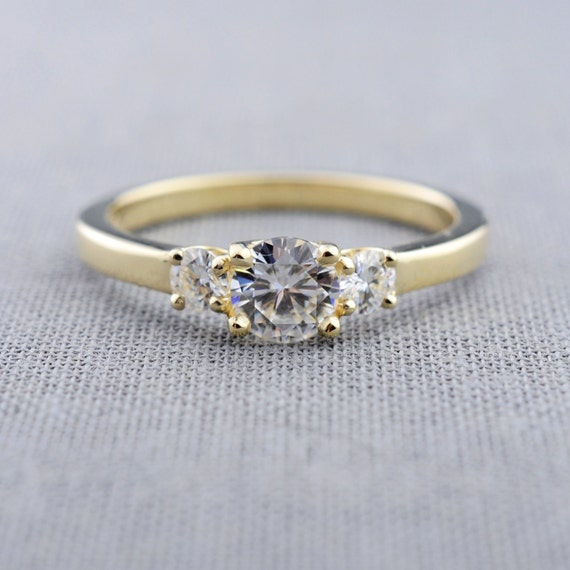 Moissanite Three Stone Engagement Ring 14K by LilyEmmeJewelry