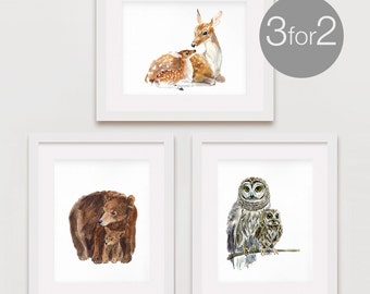 Woodland Nursery Art, Nursery Woodland Art, Nursery Forest Art, Art Print Set, Watercolor Set, Woodland Art Set of 3- for the price of 2
