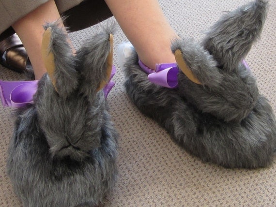 Grey Rabbit Head Slipper,"Silver Fox" Unisex Plush Footwear,Made to Measure, Special Unisex Present,Unisex Footwear,Unusual Unisex slippers.