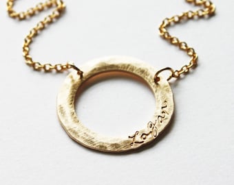Modern Gold Baby Name Necklace - Washer Ring Pendant with Monogram - Simple Elegant gift for Grandmother - Push Present