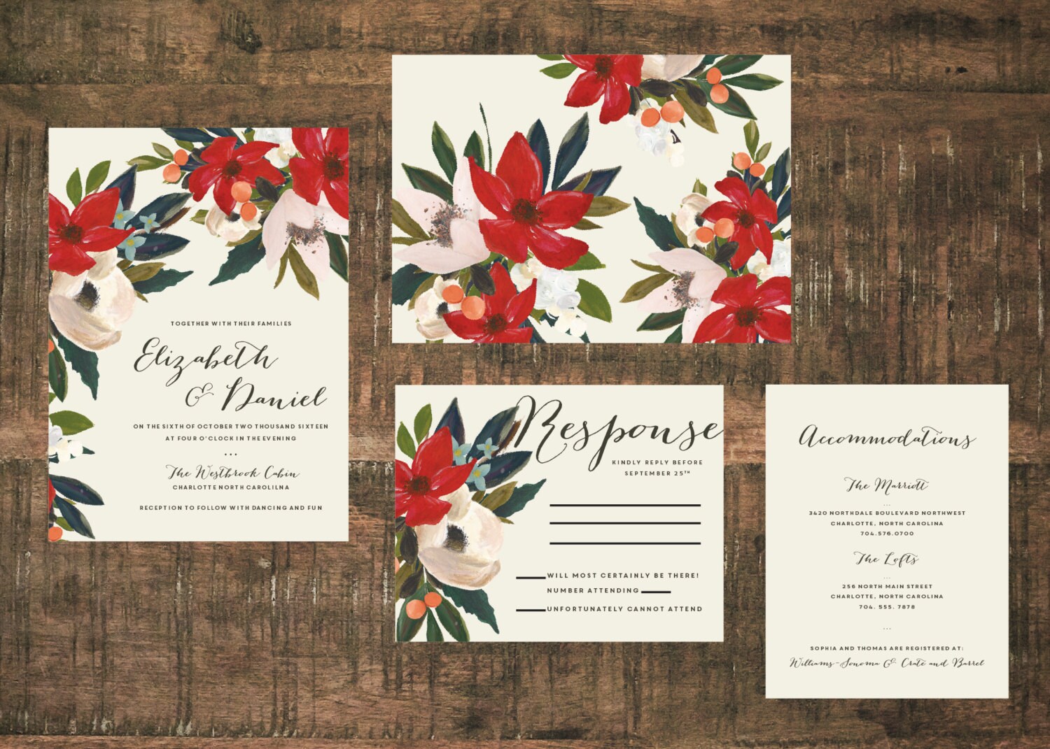 Floral Wedding Invitation Suite (Set of 25) | Red Wedding, Wedding Set, Wedding Invitations, Ivory, Calligraphy