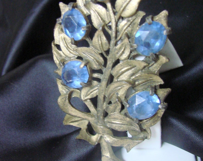 Antique Art Deco Floral Pot Metal Brooch / Faux Sapphire Blue Faceted Lucite Stones / Vintage / Jewelry / Jewellery