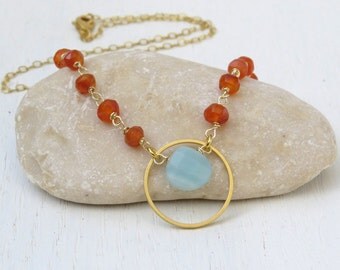 Summer SALE - Amazonite gold necklace, Gold circle pendant necklace, Carnelian necklace