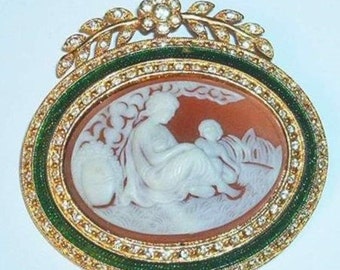 MOTHER'S DAY PIN by Joan Rivers - Mother and Child Cameo Brooch - Green - S1592