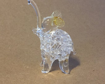 Vintage Hand Blown Glass Clear Squiggle Glass Elephant with Light Yellow Ears "Murano Style"