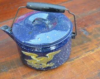 Blue Speckled Enamel Coffee Pot with American Eagle Decal Blue Enamel Pot Rustic Farmhouse Shabby Chic Americana I Ship Internationally