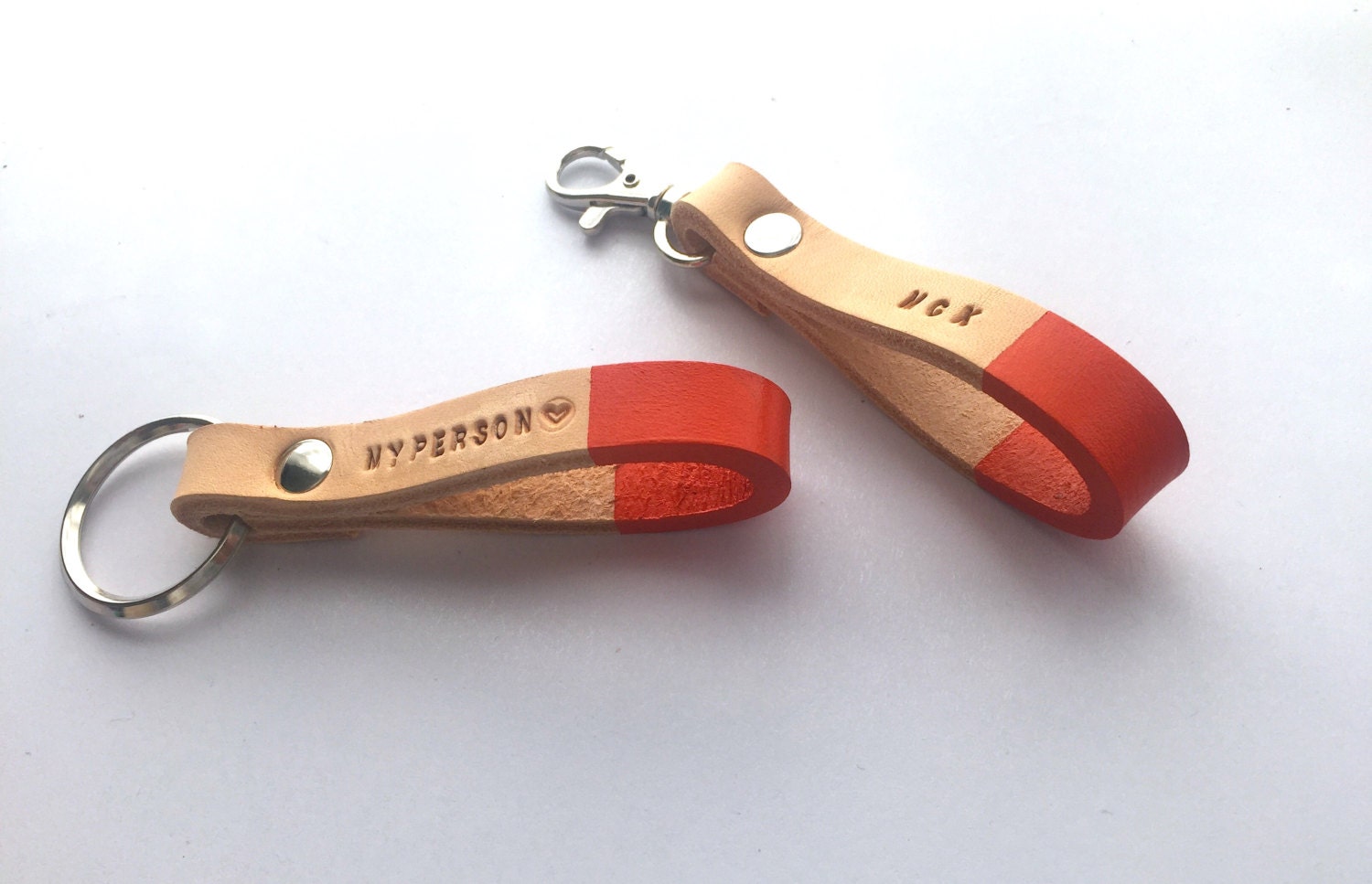 Custom Orange Handmade Leather Keychain