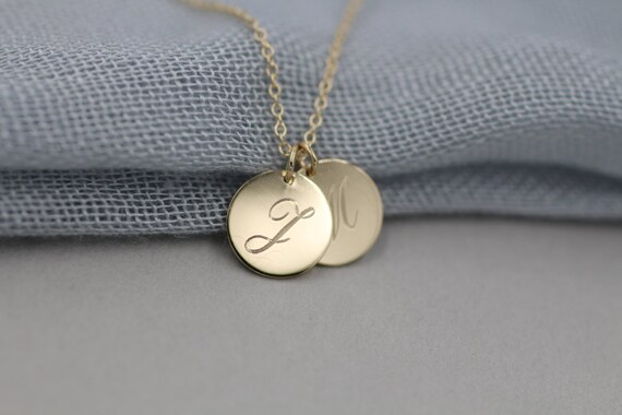 14k solid gold double initial necklace personalized discs