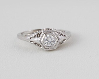 filigree engagement ring art deco hexagon styled 14 kt white gold very nice 29 ct - Filigree Wedding Rings filigree engagement ring art deco hexagon styled 14 kt white gold very nice 29 ct - Filigree Wedding Rings