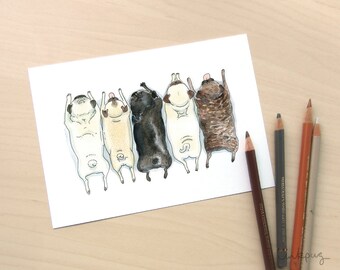 Pug Spectrum - Art print of our pug grumble ink and watercolor illustration with fawn, brindle and black pugs in a row by InkPug