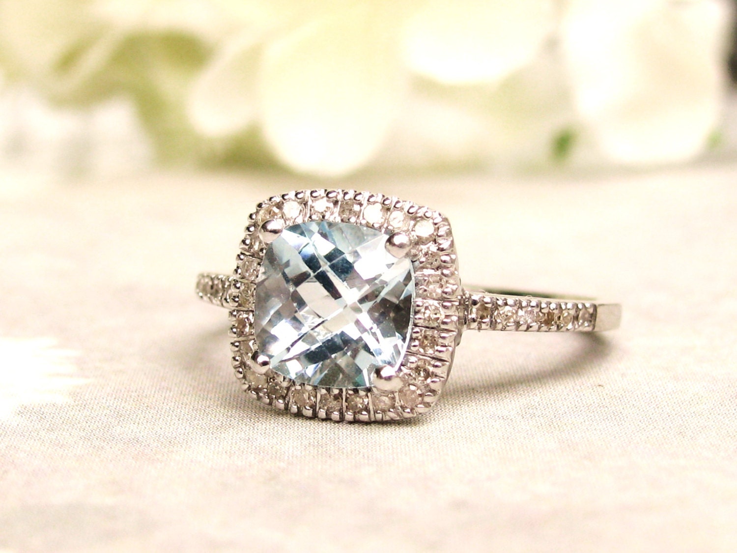 Halo Style Cushion Cut Blue Topaz & Diamond Engagement Ring