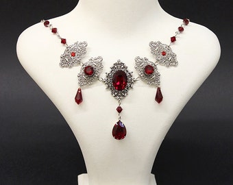 Royal Vampire Gothic necklace - antique silver settings and blood red Siam Swarovski crystals - Victorian Gothic jewelry