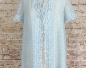 Vintage Robe Dressing Gown House Coat Semi Transparent See Through Lacy Pale Blue Nylon Small - Medium c1960s