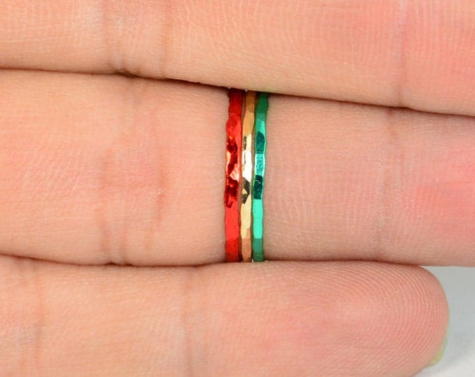 Set of 3 Super Thin Christmas Inspired Stackable Rings, Christmas Rings, Christmas Jewelry, Holiday Rings, Holiday Jewelry, Holiday Fashion