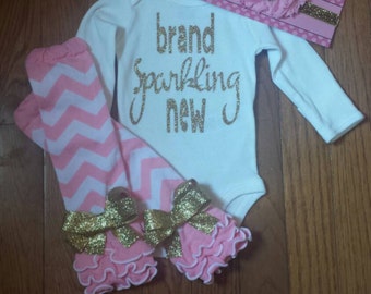 Ready to ship Sale 3pc set SS 29.95 "brand sparkling new" Onesie,Pink chev Leg Warmers, & Hdbnd Set,baby take home set,newborn hospital