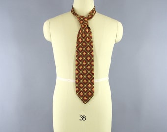 Vintage 1960s Mens Tie / Vintage 1960s Silk Necktie / 60s Men's Silk Neck Tie Cravat / Vintage Menswear / Orange Brown Gold