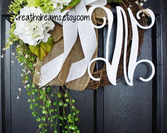 BEST SELLER! White Hydrangea Wreath. Burlap Wreath. Year Round Wreath. Spring Wreath. Summer Wreath. Monogram Wreath. Door Wreath