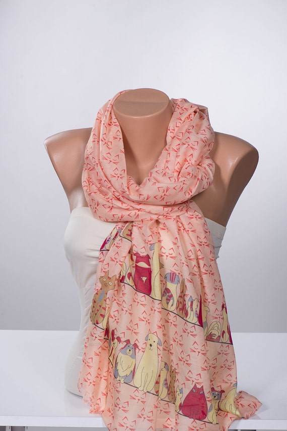 Salmon Cats Scarf Wrap. Long neck wrap. Holiday Scarf. Summer