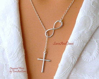 Infinity Cross Necklace - Sterling Silver Cross Infinity Lariat - Faith Forever