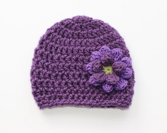 0 - 3 Months Hat, Newborn Hat, Crochet Baby Girl Hat, Baby Girl Beanie, Baby Shower Gift, Crochet Hat with Flower, Purple