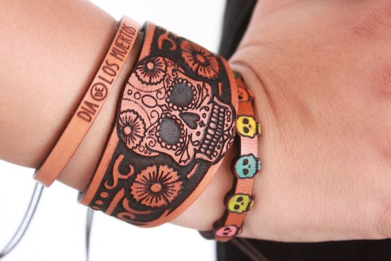 Stacked Leather Bracelet - Dia de Los Muertos - Day of The Dead - Stacked Leather Cuff - - Leather Cuff -Halloween - Bohemian/Gypsy/Hippie