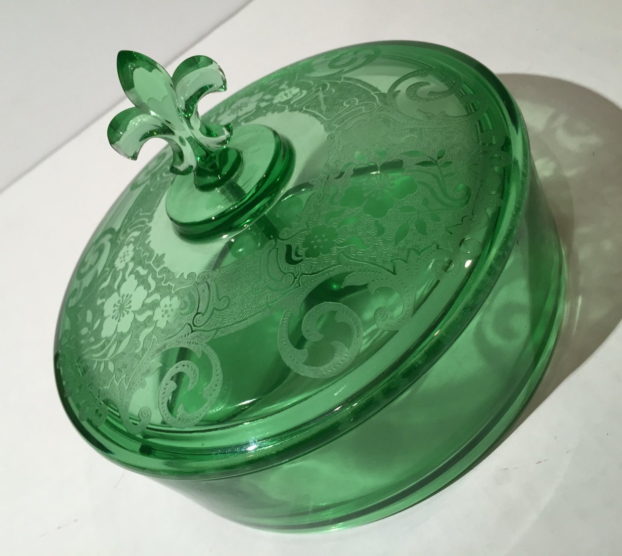 Fostoria Royal Green 3 Part Candy Dish with Fleur De Lis Lid