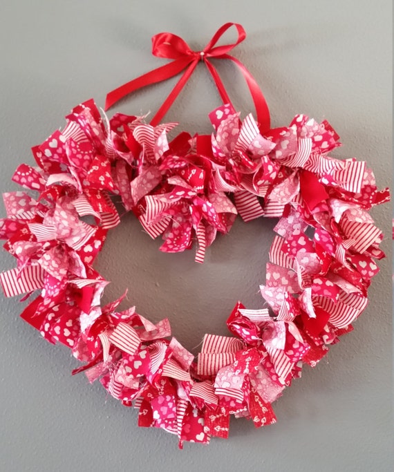 Heart Shaped Fabric Strip Rag Wreath Handmade Red and White