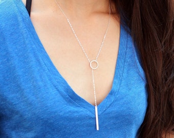 Circle Lariat Necklace / Dainty Karma Necklace, Skinny Bar Drop Necklace / Delicate Gold Necklace Layering Drop, Long Y Necklace