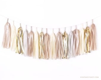 DIY Tissue Tassel Garland Kit - Champagne Gold - Gray, Ivory, Blush, Nude, White Paper Modern Room Wedding Shower Tassle Decor Balloon Tails