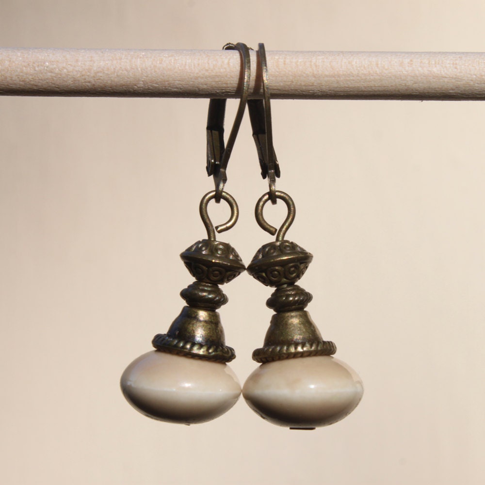 White Cream Earrings Ceramic Ivory Brass Earrings dangle drop