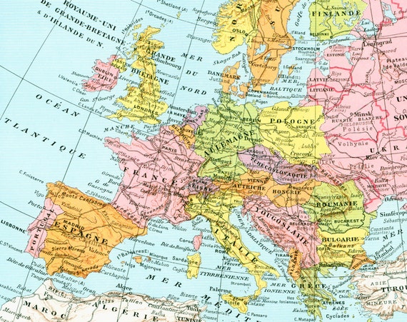 Items similar to 1933 Antique Geographic Map Europe. Encyclopedia ...