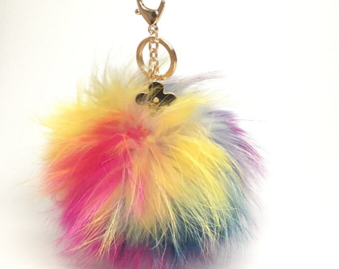NEW Dimensional (piece no.405) Rainbow Raccoon Fur Pom Pom luxury bag leather strap and gold buckle