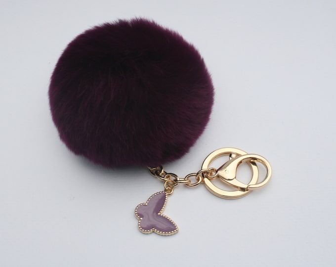 Butterfly Collection Electric Purple fur pom pom keychain REX Rabbit fur pom pom ball with butterfly charm