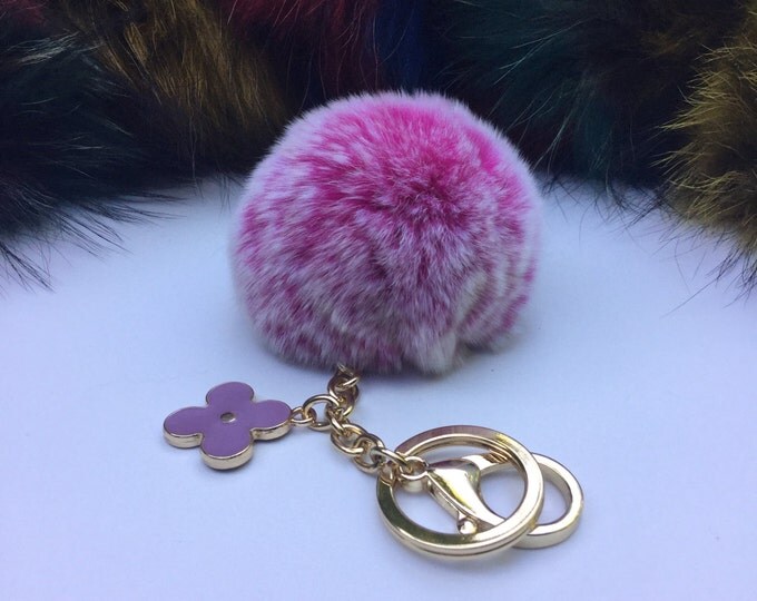 New! Summer Collection Hot Pink Frost fur pom pom keychain bag charm flower clover keyring