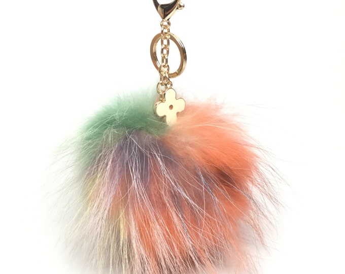 NEW Collection Dimensional Swirl™ Multi Color Raccoon Fur Pom Pom bag charm lover flower charm keychain piece no.283