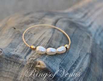 FREE SHIPPING Gold small pearl ring, freshwater pearl, 24K gold ring, unique gold stack, stacking ring, thin gold ring, pearl ring