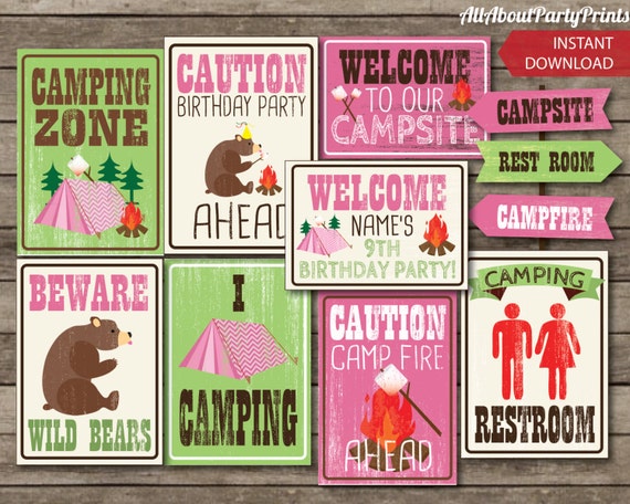 PDF format Instant Download Camping Birthday Party signs