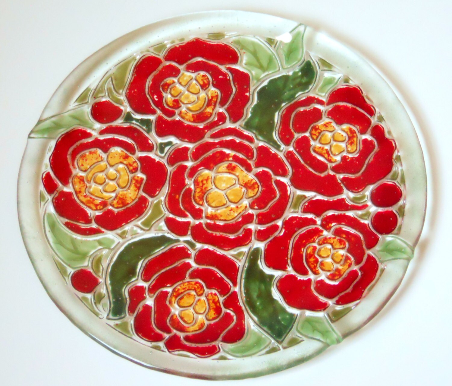 Fused Art Glass Plate Red and Green Flowers 11 Inch Round
