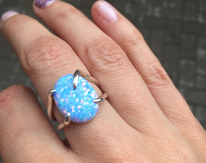Blue opal ring - opal ring - Gold opal ring - silver ring - blue stone ring - manmade opal ring - gift