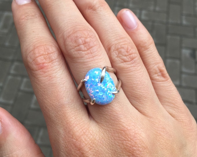Blue opal ring - opal ring - Gold opal ring - silver ring - blue stone ring - manmade opal ring - gift