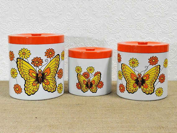  Butterfly  Canister Set  3 Orange and Yellow Nesting Canisters